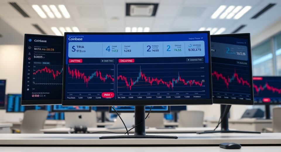 Coinbase trading interface showing perpetual futures delisting for TRIA, NEO, and IMX on a professional trading desk