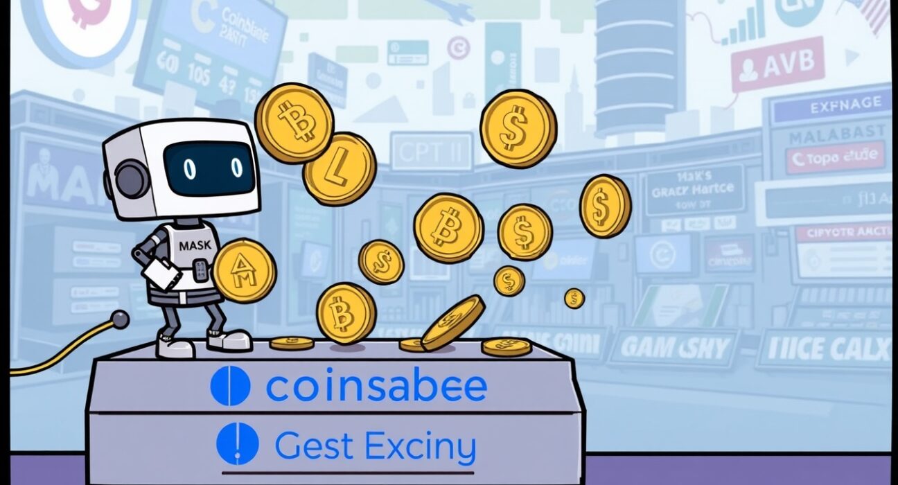 A cartoon illustration showing crypto coins being delisted from an exchange, representing the Coinbase delisting of trading pairs.