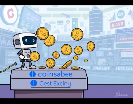 A cartoon illustration showing crypto coins being delisted from an exchange, representing the Coinbase delisting of trading pairs.