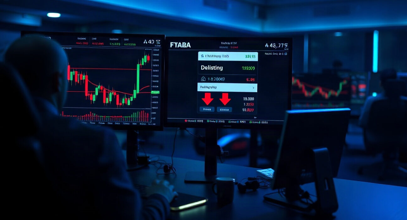 Coinbase delisting announcement on a trading screen with cryptocurrency charts