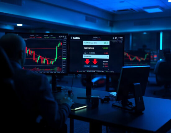 Coinbase delisting announcement on a trading screen with cryptocurrency charts