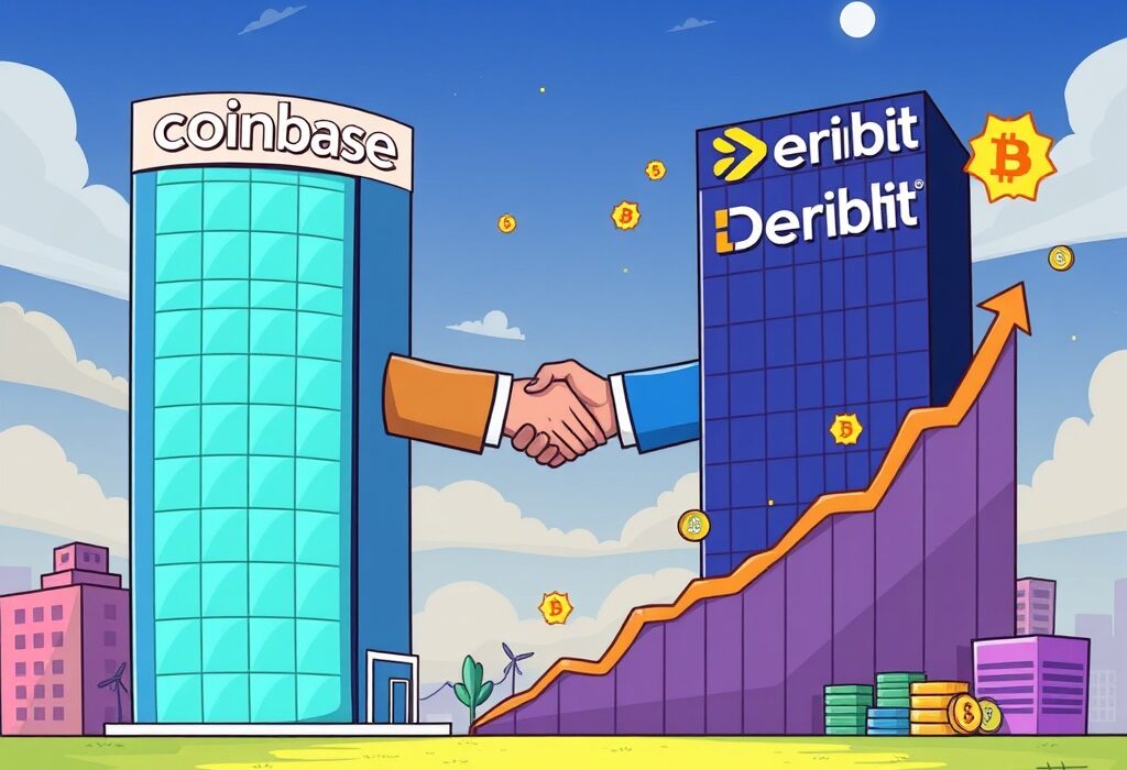 A visual representation of the Coinbase acquisition of Deribit, symbolizing a major shift in the crypto derivatives market.