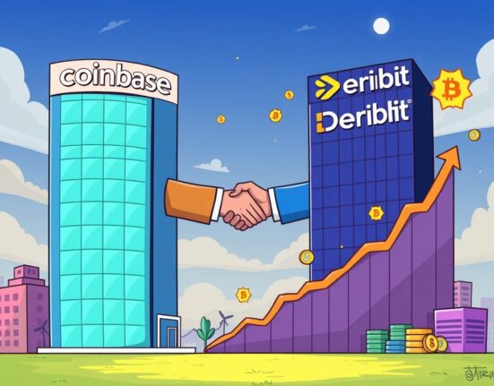 A visual representation of the Coinbase acquisition of Deribit, symbolizing a major shift in the crypto derivatives market.