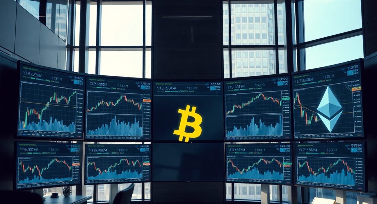 Trading screens displaying cryptocurrency charts at a modern financial desk