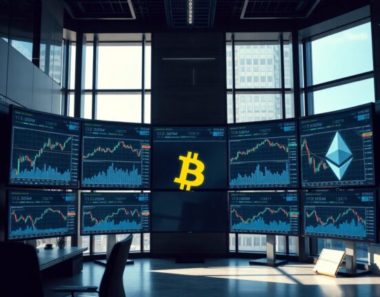 Trading screens displaying cryptocurrency charts at a modern financial desk