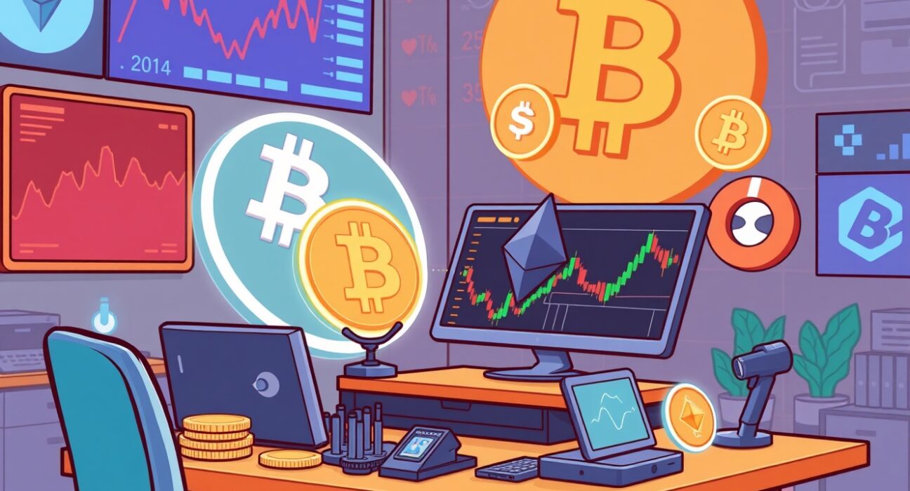 A vibrant cartoon illustrating the innovative Coinbase derivative product, blending crypto ETFs and big tech stocks for new investment opportunities.