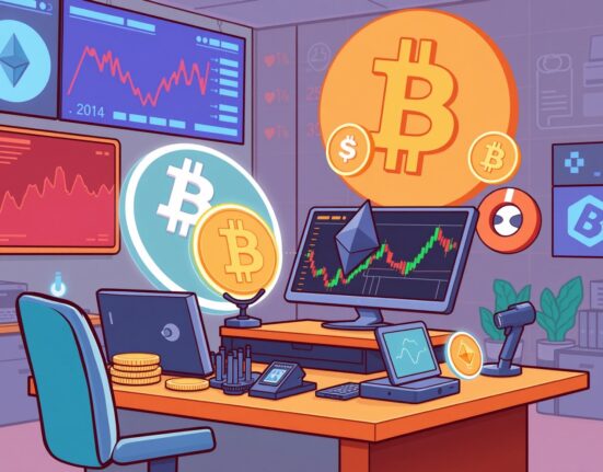 A vibrant cartoon illustrating the innovative Coinbase derivative product, blending crypto ETFs and big tech stocks for new investment opportunities.