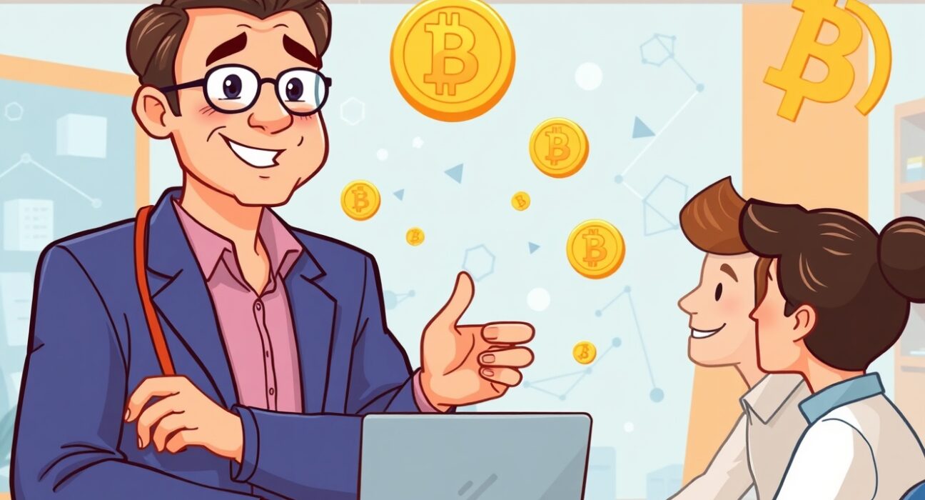A cartoon illustration of a mentor guiding crypto startups at Y Combinator, symbolizing the fusion of blockchain expertise and venture capital.