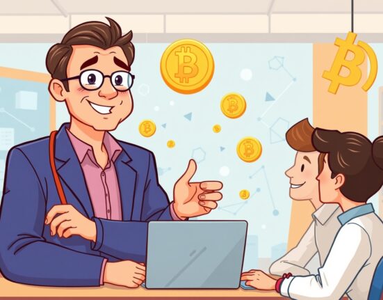 A cartoon illustration of a mentor guiding crypto startups at Y Combinator, symbolizing the fusion of blockchain expertise and venture capital.