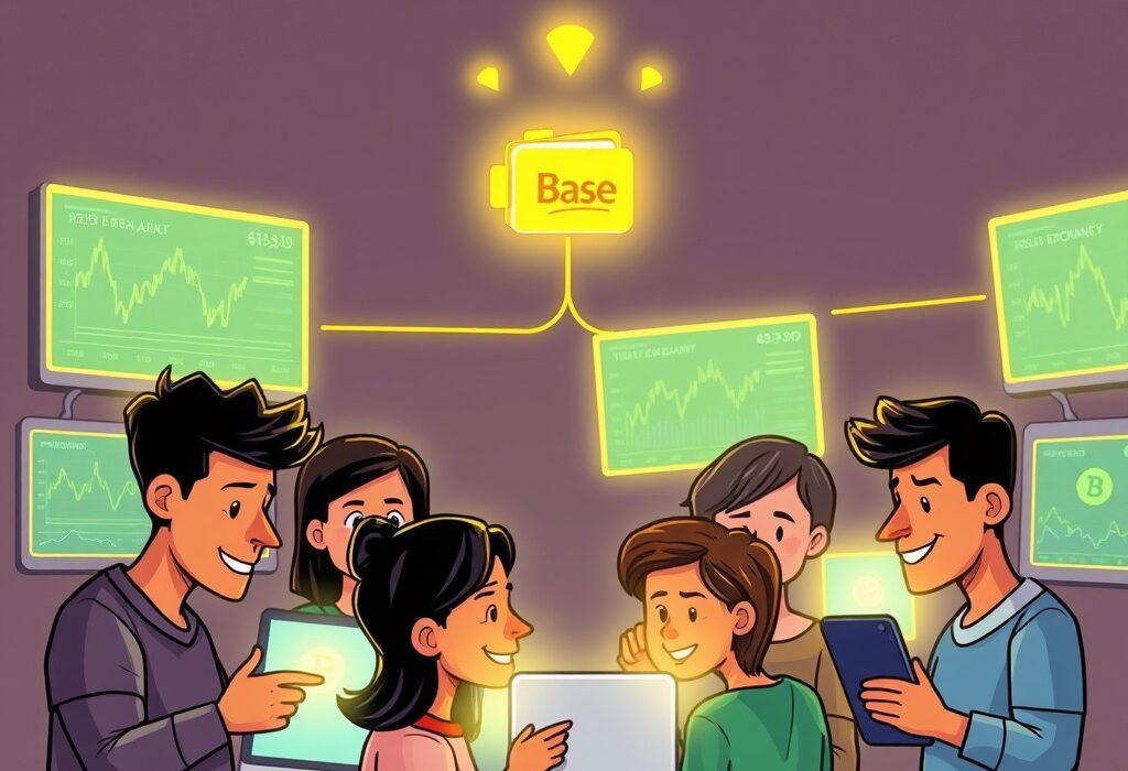 Cartoon illustration showing seamless Coinbase DEX trading for users on the Base network, highlighting easy access to decentralized finance.