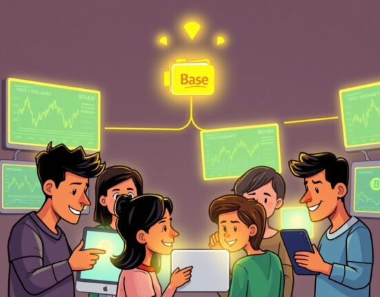 Cartoon illustration showing seamless Coinbase DEX trading for users on the Base network, highlighting easy access to decentralized finance.