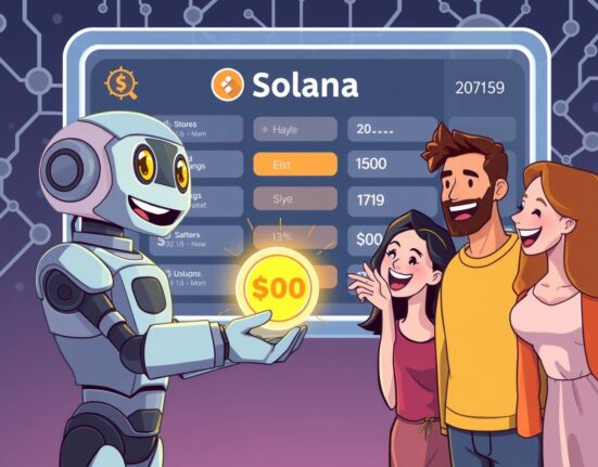 A vibrant cartoon illustrating the revolutionary Coinbase DEX trading feature granting access to Solana tokens.