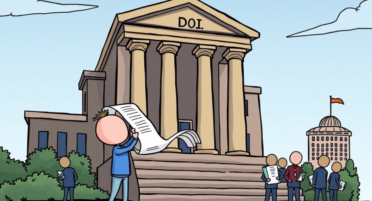 Cartoon showing Coinbase appealing to the DOJ for intervention in state crypto enforcement, highlighting regulatory challenges.