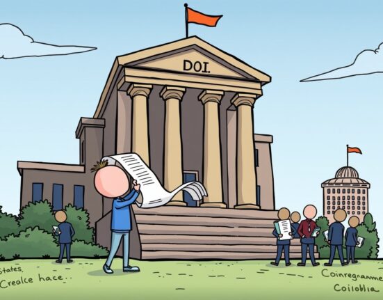 Cartoon showing Coinbase appealing to the DOJ for intervention in state crypto enforcement, highlighting regulatory challenges.
