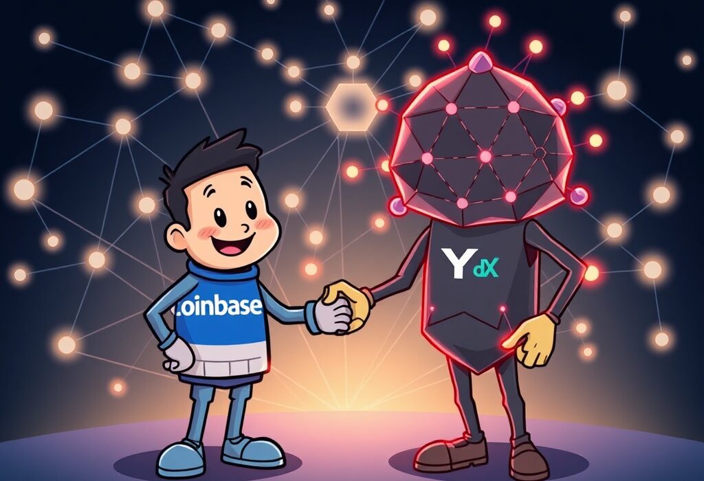 A cartoon image depicting Coinbase dYdX support, showing two friendly characters connecting on a digital network, symbolizing enhanced crypto trading.