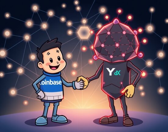 A cartoon image depicting Coinbase dYdX support, showing two friendly characters connecting on a digital network, symbolizing enhanced crypto trading.