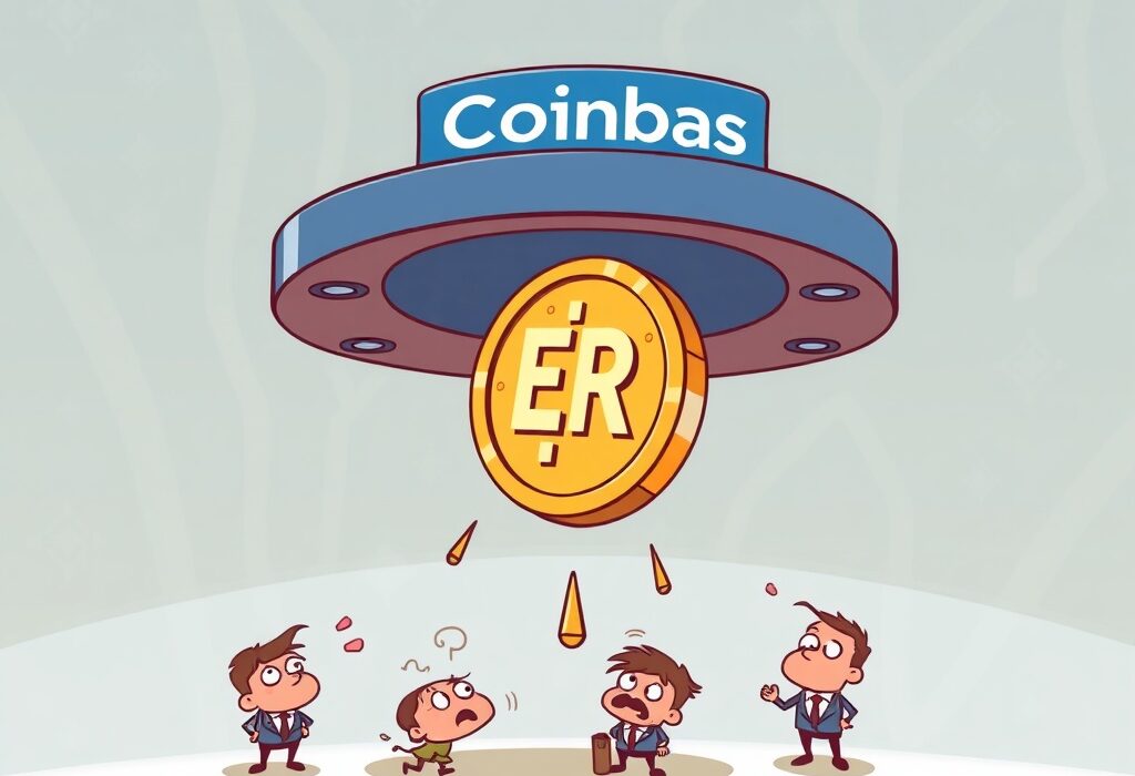 A cartoon illustration depicting the Coinbase ERN suspension, showing a digital asset falling from a platform, symbolizing the crypto trading halt.