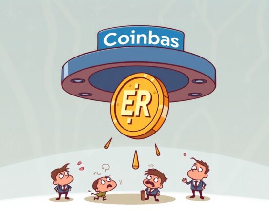 A cartoon illustration depicting the Coinbase ERN suspension, showing a digital asset falling from a platform, symbolizing the crypto trading halt.