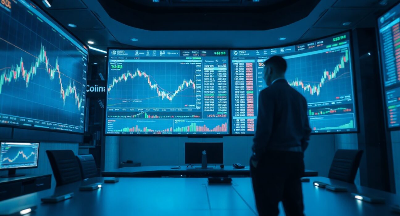 Digital trading screens showing stock and crypto charts on a modern trading desk.