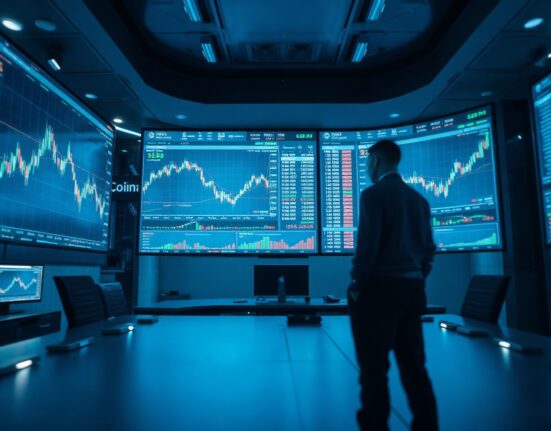 Digital trading screens showing stock and crypto charts on a modern trading desk.