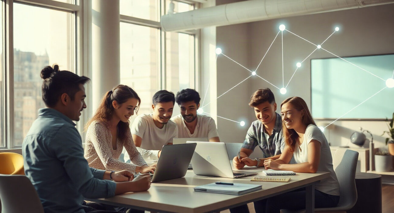 Entrepreneurs collaborating in a bright accelerator workspace with blockchain network visuals