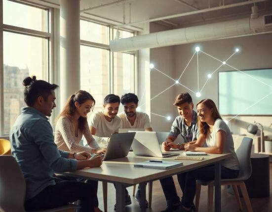 Entrepreneurs collaborating in a bright accelerator workspace with blockchain network visuals