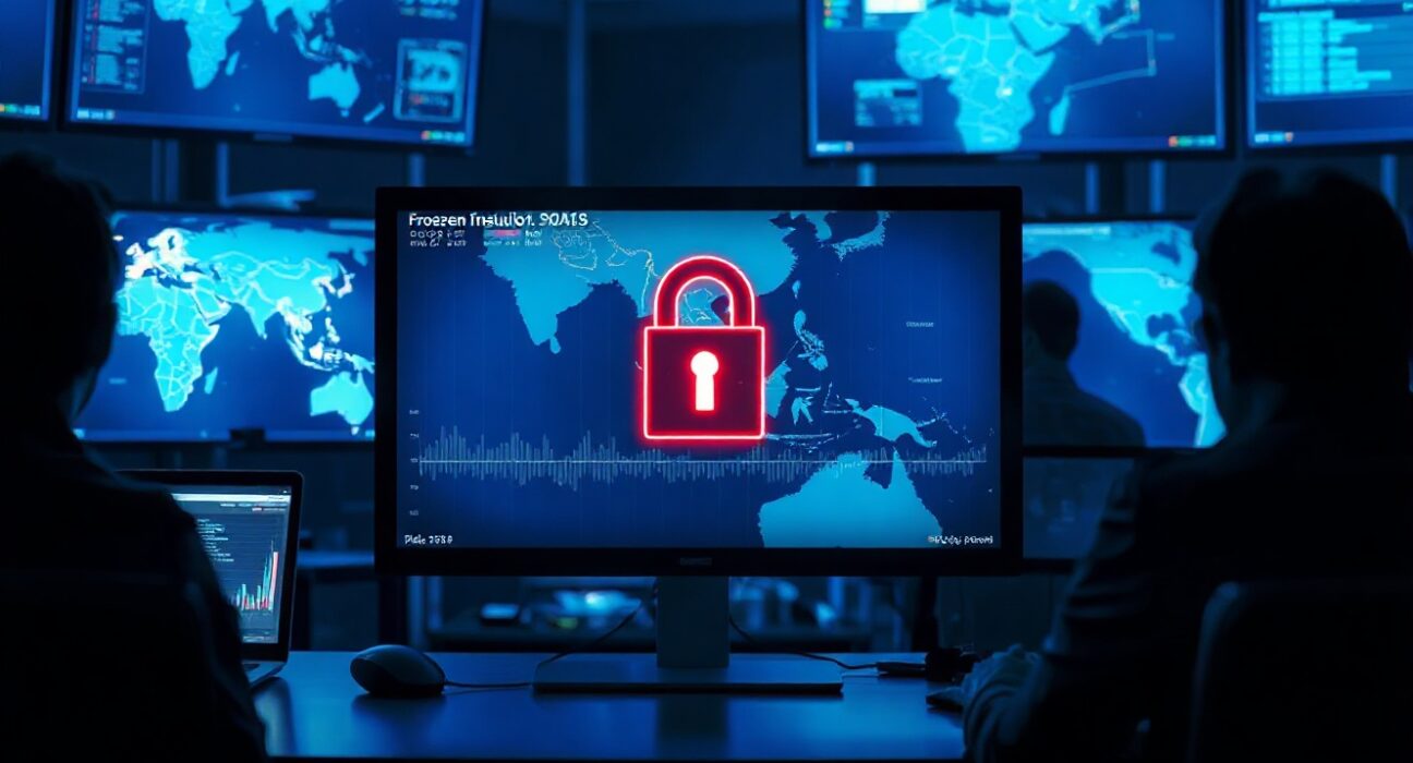Command center monitoring cryptocurrency fraud with a freeze alert on a map of Southeast Asia