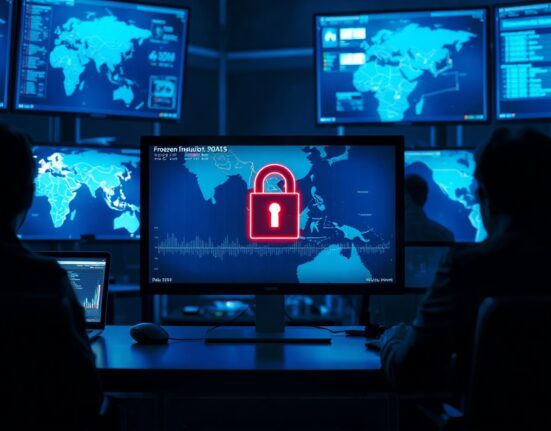Command center monitoring cryptocurrency fraud with a freeze alert on a map of Southeast Asia