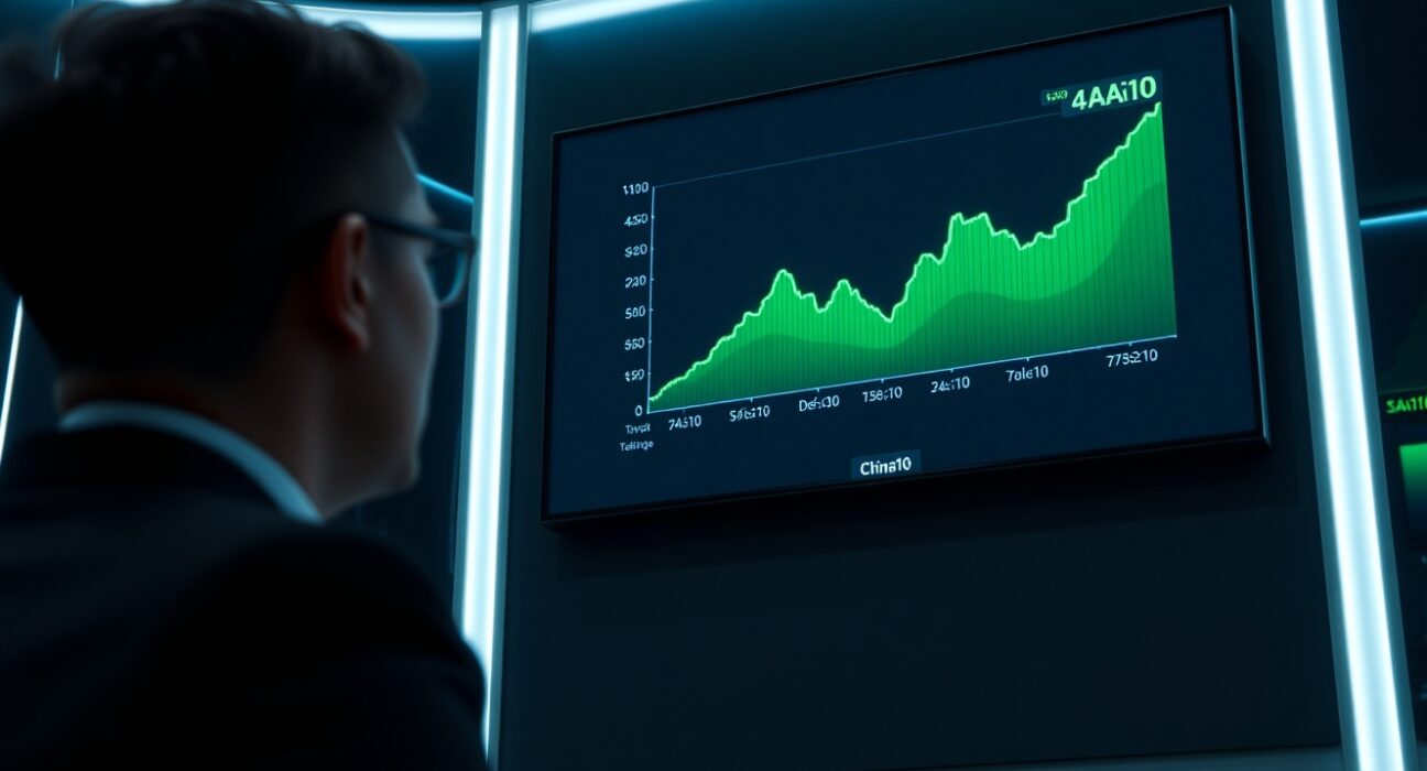 Digital trading screen showing AI10, Defense10, and China10 index futures charts on a modern trading floor