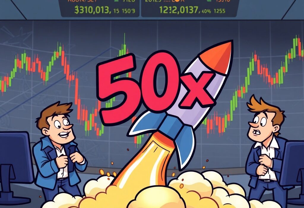 Cartoon illustration showing traders navigating the dynamic world of Coinbase futures leverage, highlighting the new 50x expansion and its associated opportunities and risks.