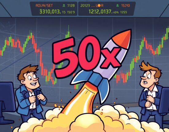 Cartoon illustration showing traders navigating the dynamic world of Coinbase futures leverage, highlighting the new 50x expansion and its associated opportunities and risks.