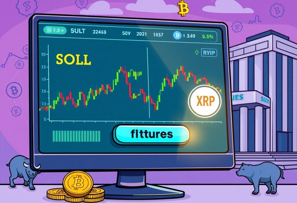 A cartoon illustration depicting the expansion of Coinbase futures trading, highlighting new opportunities for SOL and XRP.