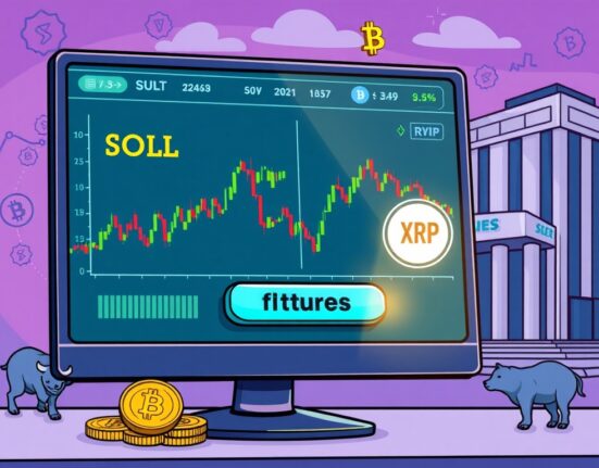 A cartoon illustration depicting the expansion of Coinbase futures trading, highlighting new opportunities for SOL and XRP.