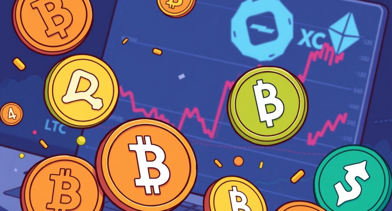 A cartoon illustration showing the expansion of Coinbase futures trading for major altcoins on the Webull platform.