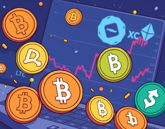 A cartoon illustration showing the expansion of Coinbase futures trading for major altcoins on the Webull platform.