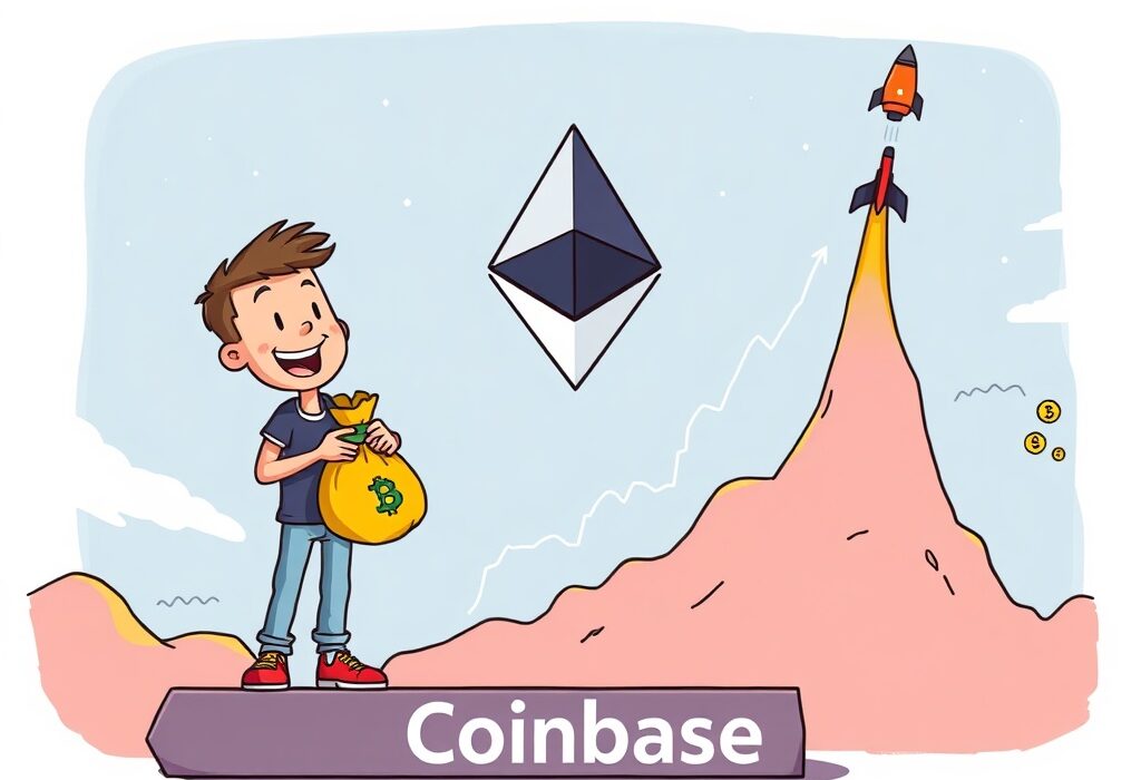 A vibrant cartoon illustrates the strong potential for Coinbase Gains, showing a figure celebrating crypto growth driven by an Ethereum rally.
