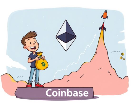 A vibrant cartoon illustrates the strong potential for Coinbase Gains, showing a figure celebrating crypto growth driven by an Ethereum rally.