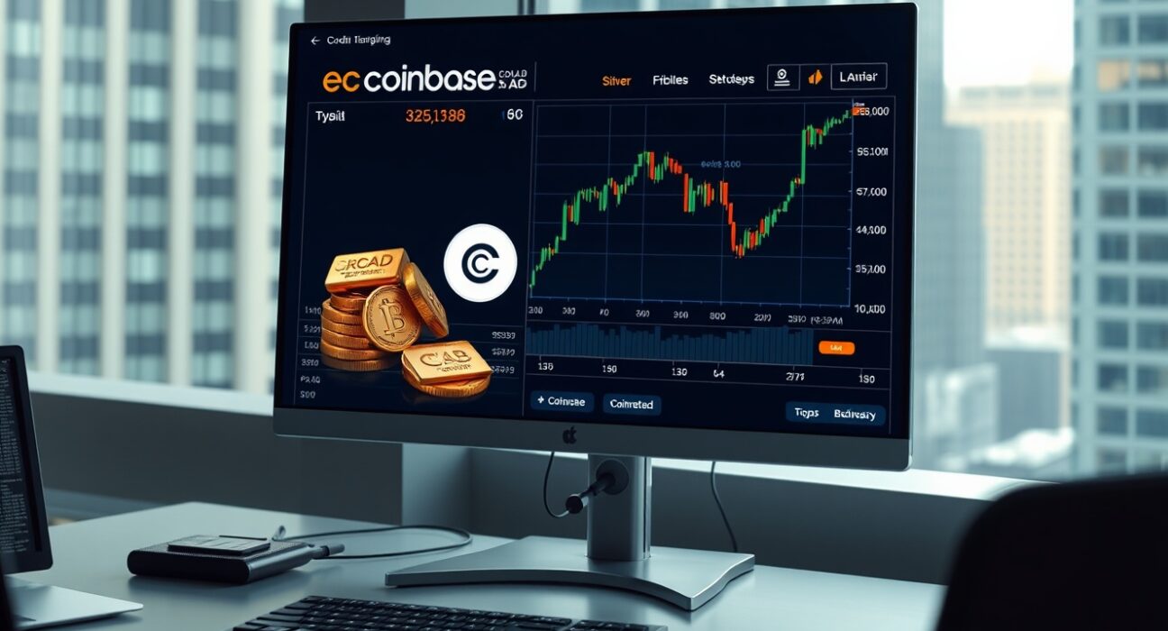 Digital trading screen showing gold and silver price charts at a modern desk