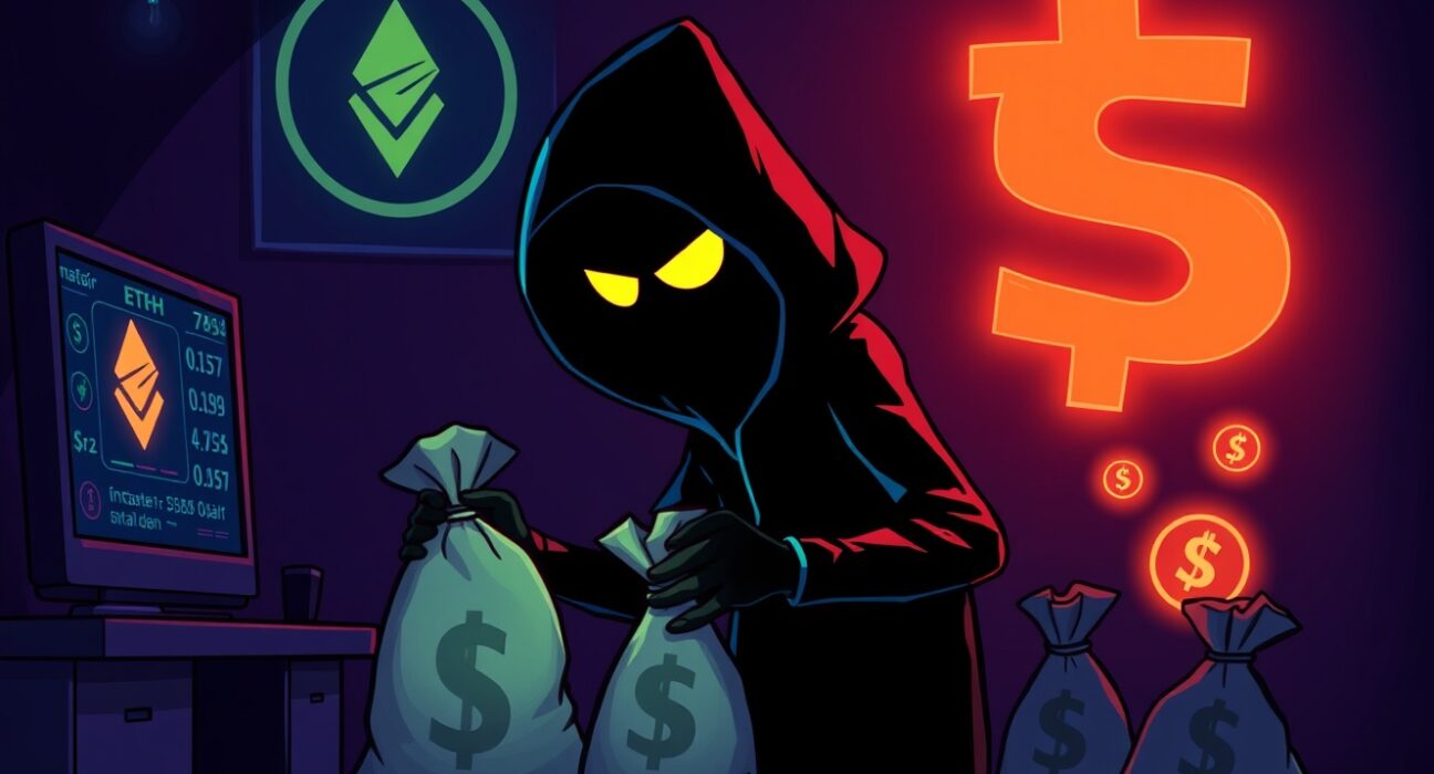 A shadowy figure illicitly moving digital assets, symbolizing a Coinbase hacker laundering stolen funds.