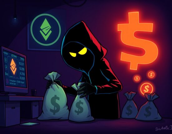 A shadowy figure illicitly moving digital assets, symbolizing a Coinbase hacker laundering stolen funds.