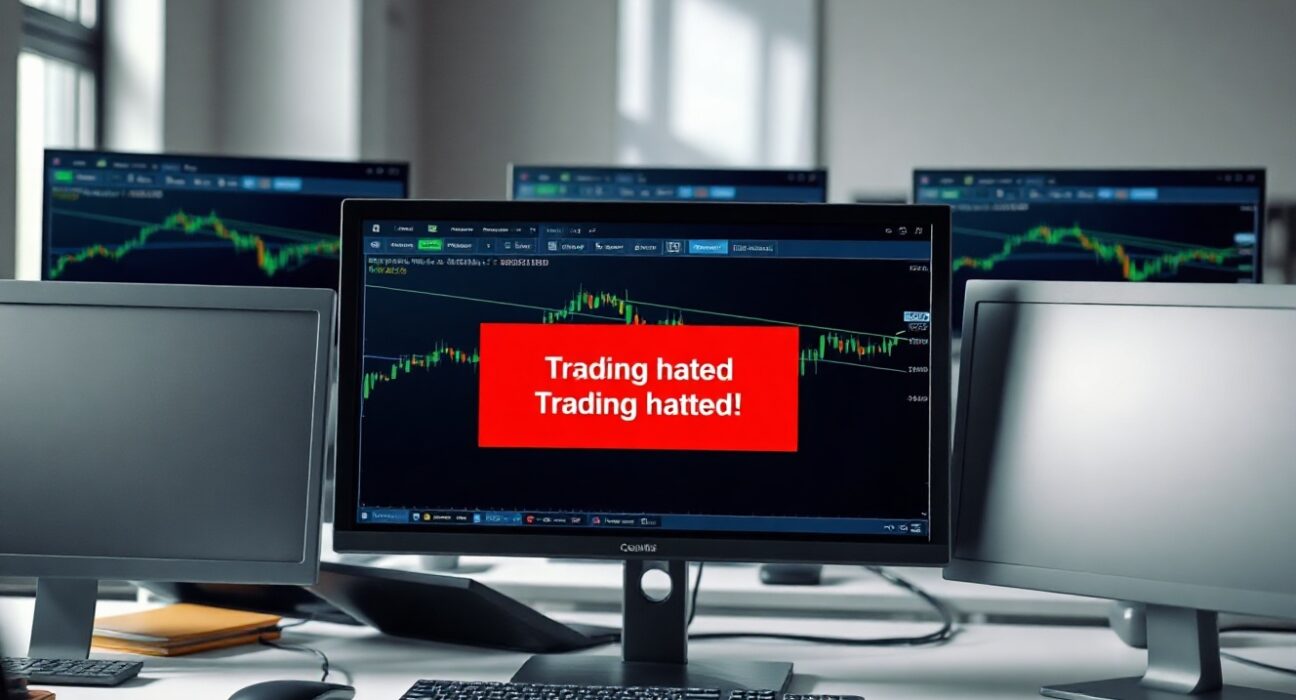 Trading monitors display a Coinbase interface with a trading halted warning