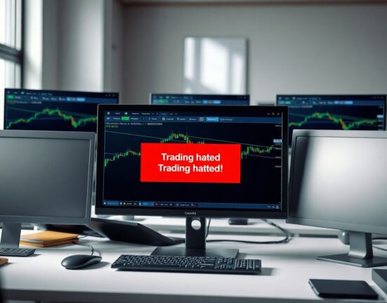 Trading monitors display a Coinbase interface with a trading halted warning