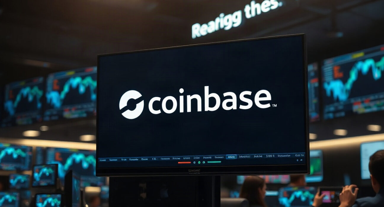 Coinbase trading interface on a monitor, symbolizing the upcoming halt of BADGER and STORJ trading.
