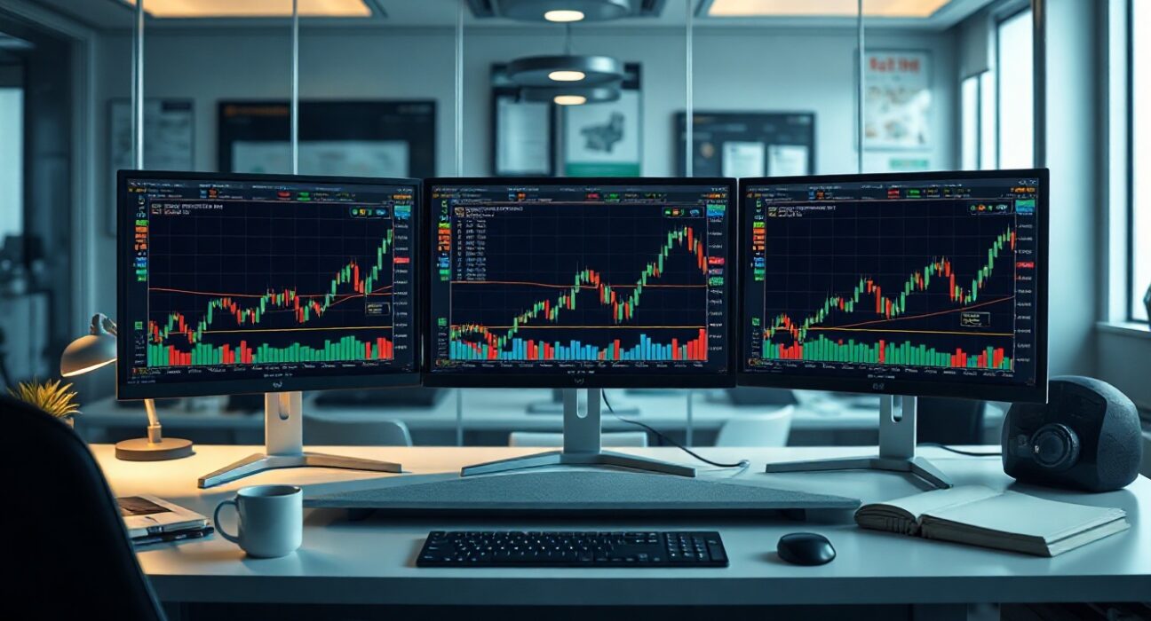 Cryptocurrency trading screens with charts on a desk, representing exchange trading activity.