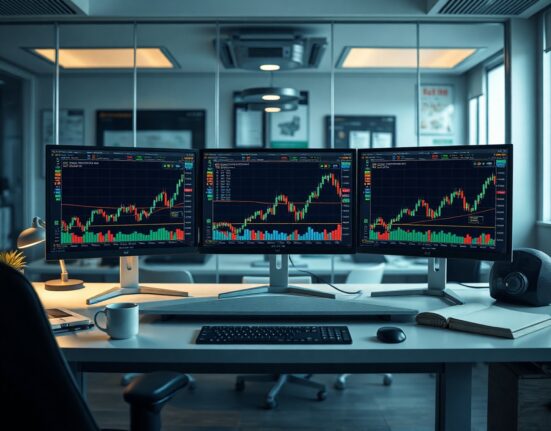 Cryptocurrency trading screens with charts on a desk, representing exchange trading activity.