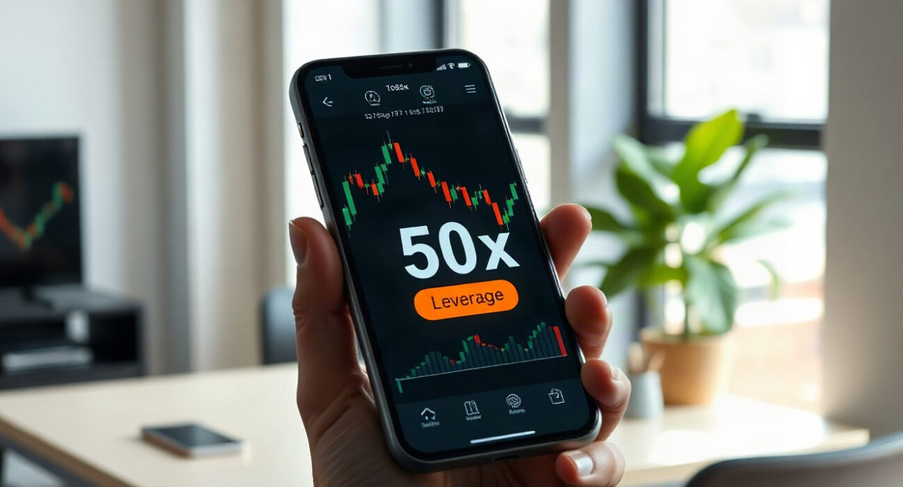 Smartphone displaying crypto trading charts with 50x leverage indicator in a professional setting