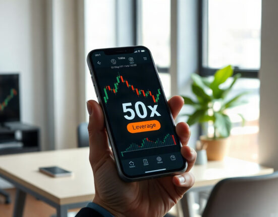 Smartphone displaying crypto trading charts with 50x leverage indicator in a professional setting