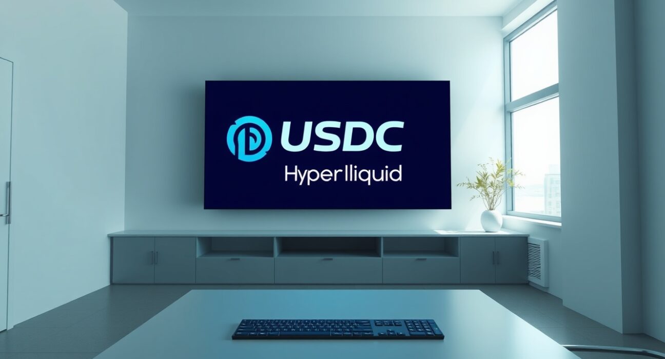 A professional treasury room with a digital screen showing USDC and Hyperliquid branding