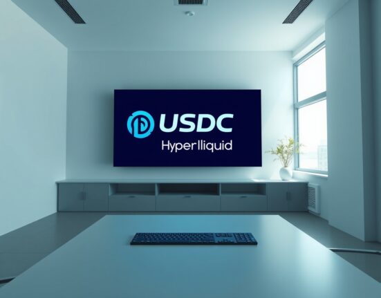 A professional treasury room with a digital screen showing USDC and Hyperliquid branding
