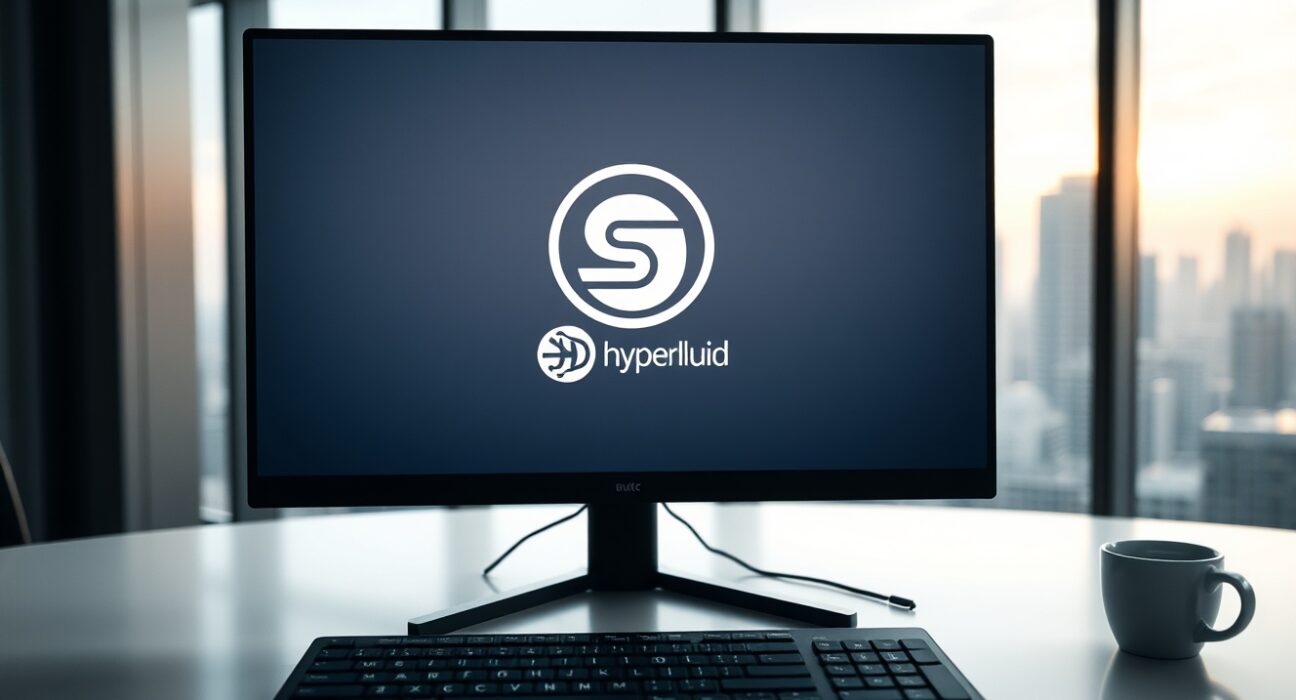 A computer monitor displaying a USDC treasury wallet interface with Hyperliquid branding in a modern office setting.